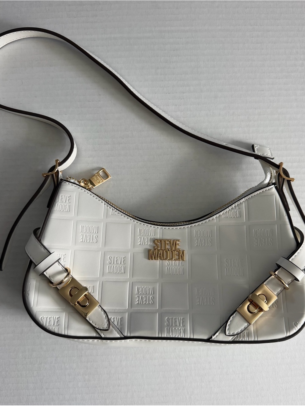 Steve Madden White Embossed Shoulder Bag with Gold Hardware